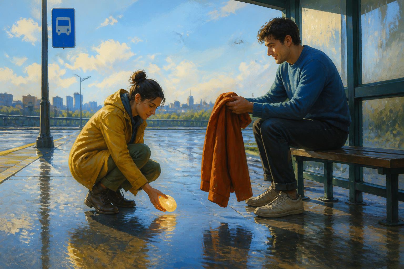 At a rain cleared bus stop, a person lowers a glowing stone while accepting a coat from a companion.