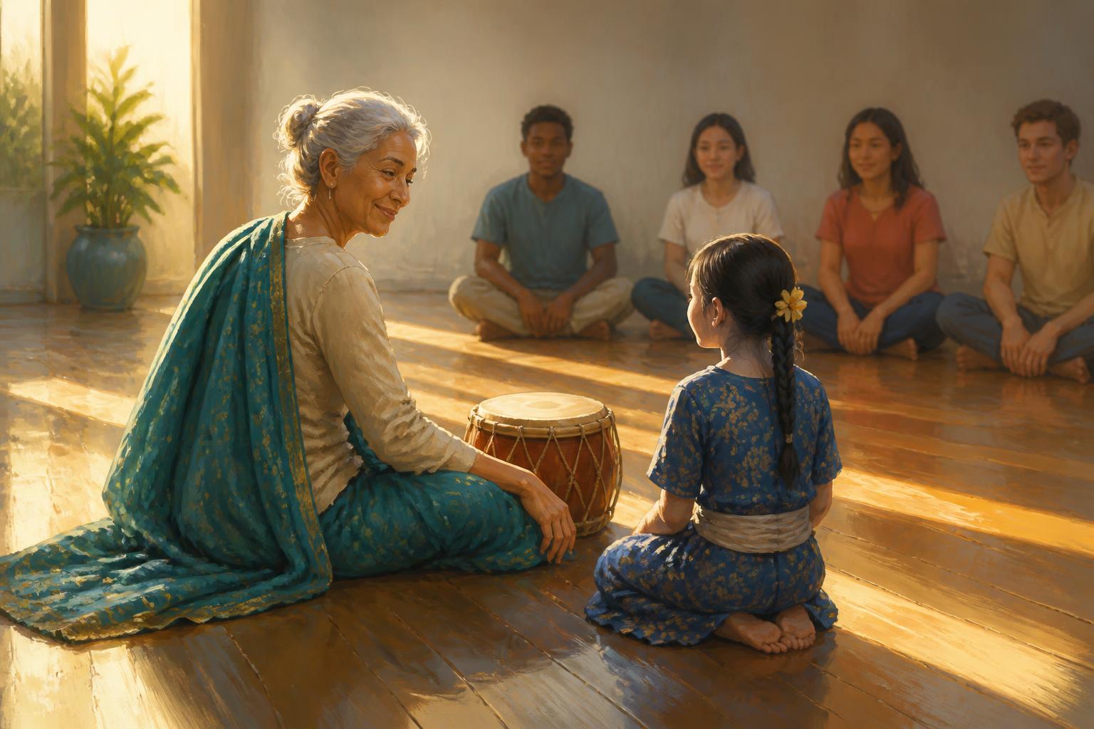 A mentor pauses at a table, offering different care to two people in a warm room.