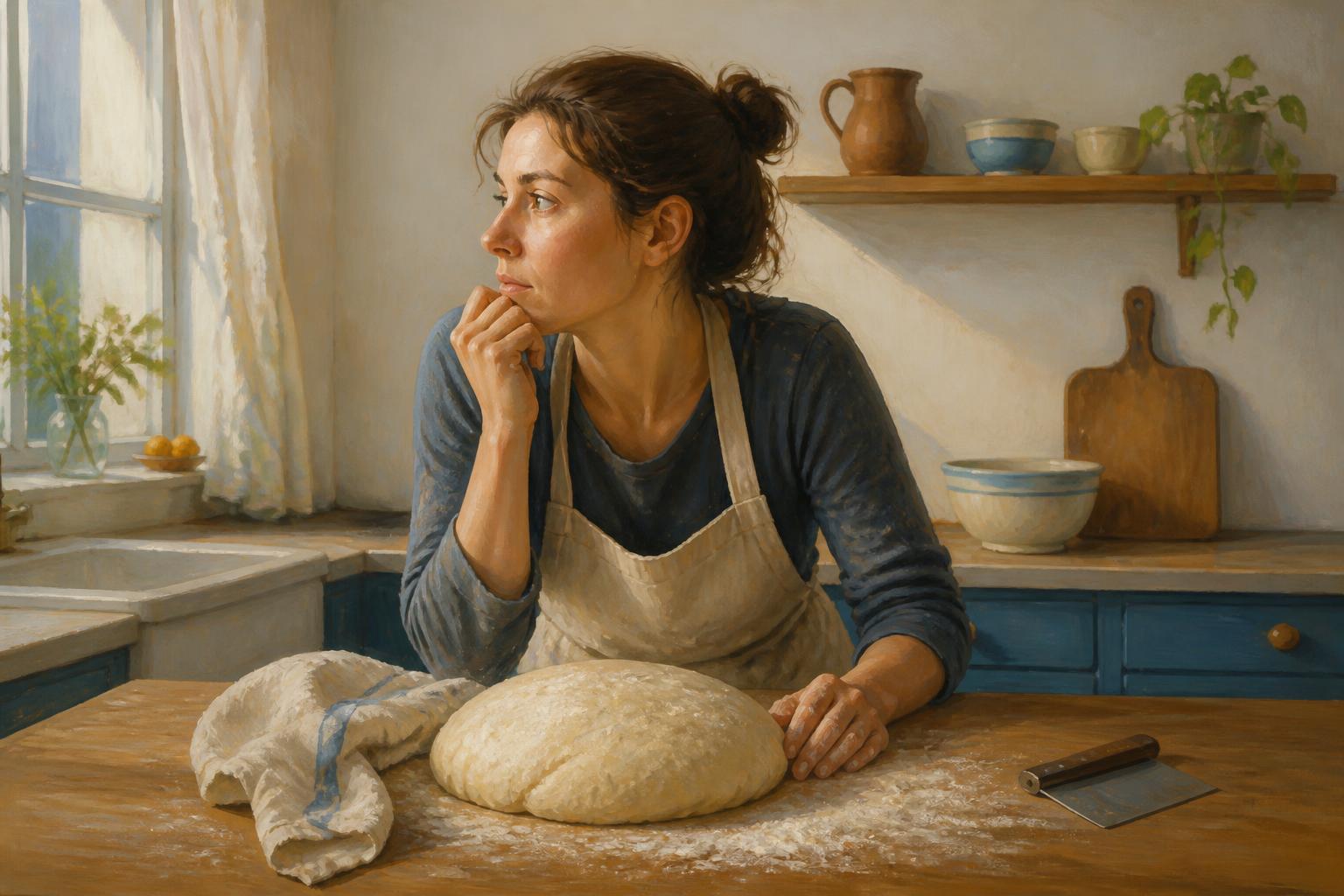 A woman pauses in a plain kitchen before returning to a bowl of bread dough.