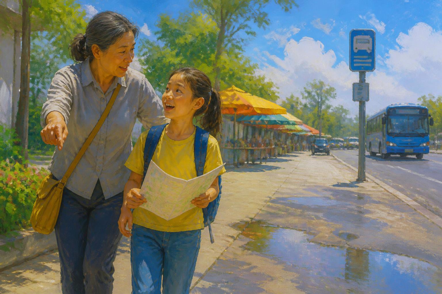 A young adult pauses at a sunlit bus stop while trusted companions wait nearby, leaving a clear path open.