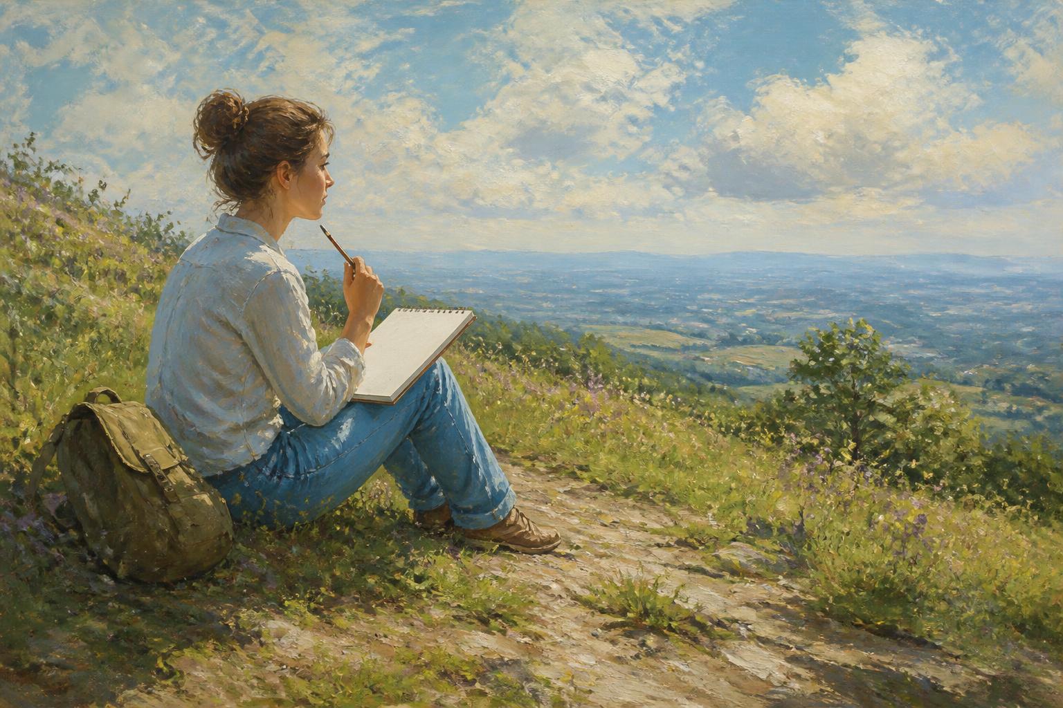A seated woman studies a blank page while a hard shadow opens into soft morning light.