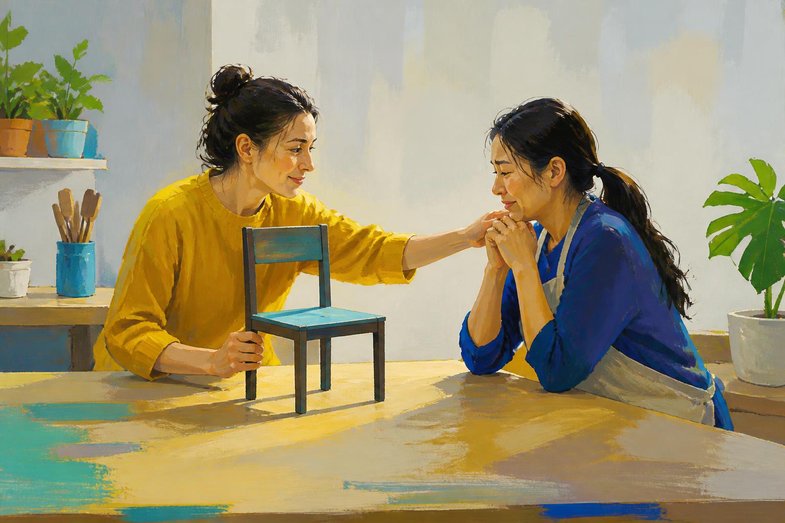 A weary woman at a table looks toward a friend in the doorway, with empty chairs around her.
