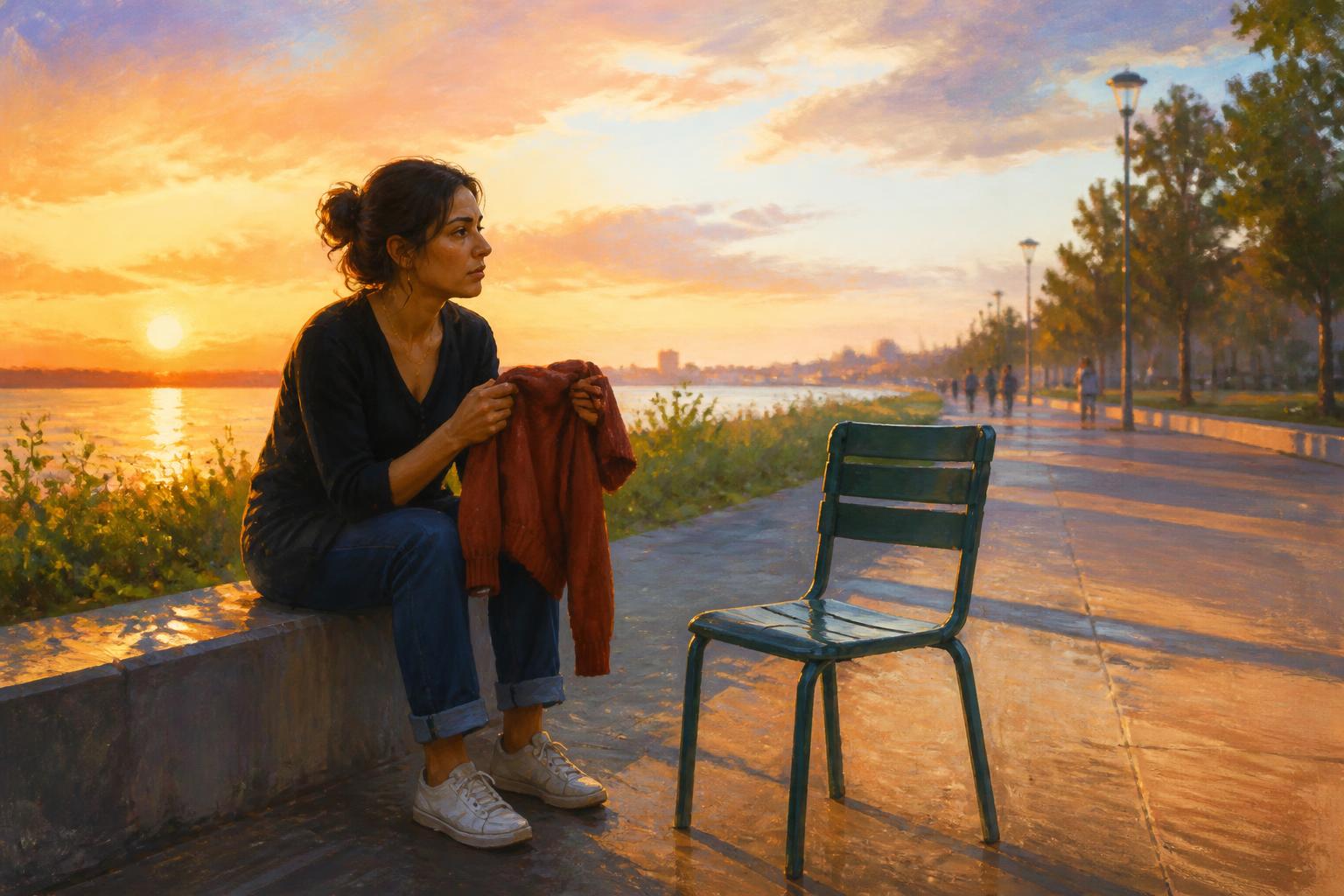 A woman sits beside an empty chair, holding a sweater in warm evening light.