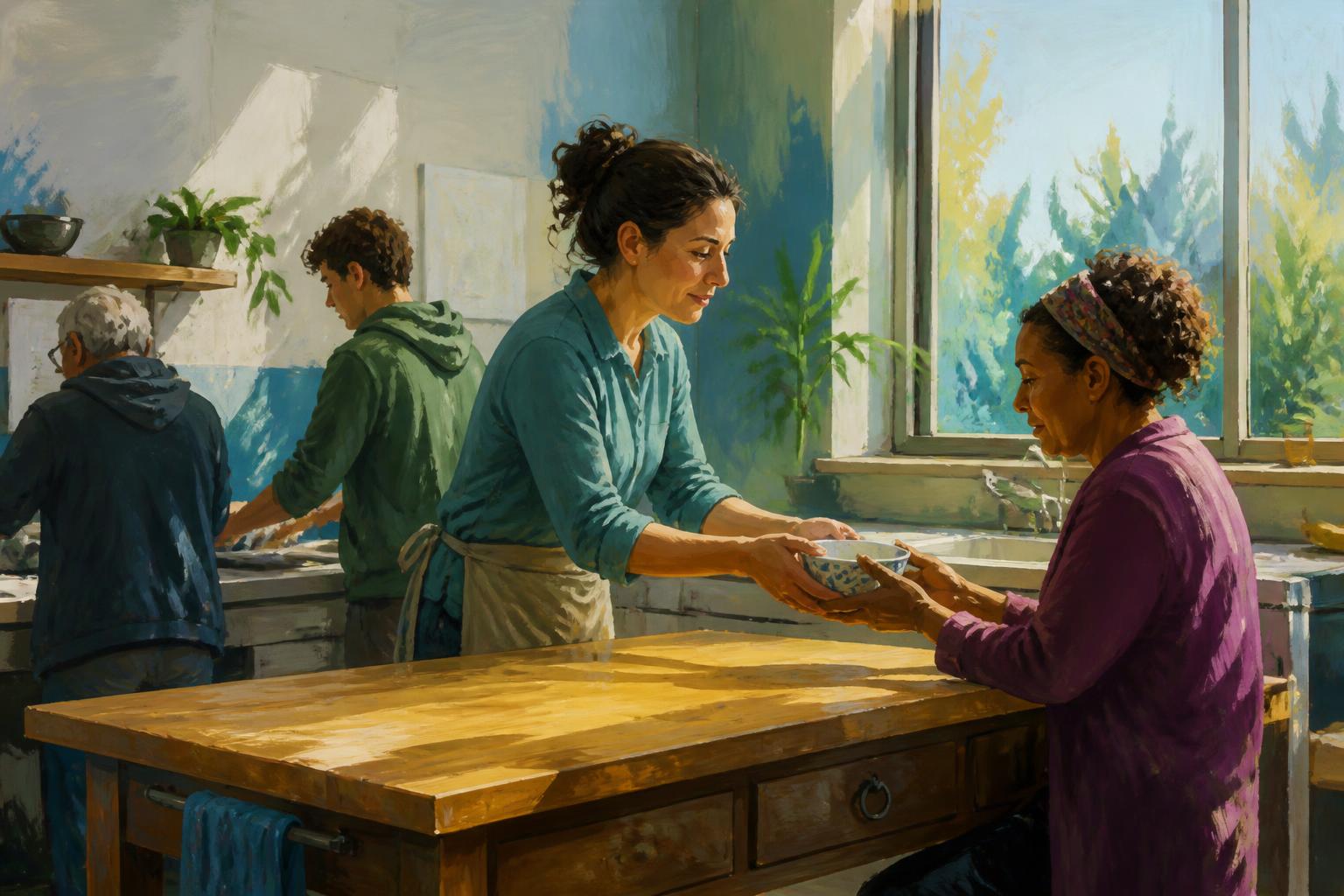 A person leaves a quiet chair and returns to ordinary care in a warm room.